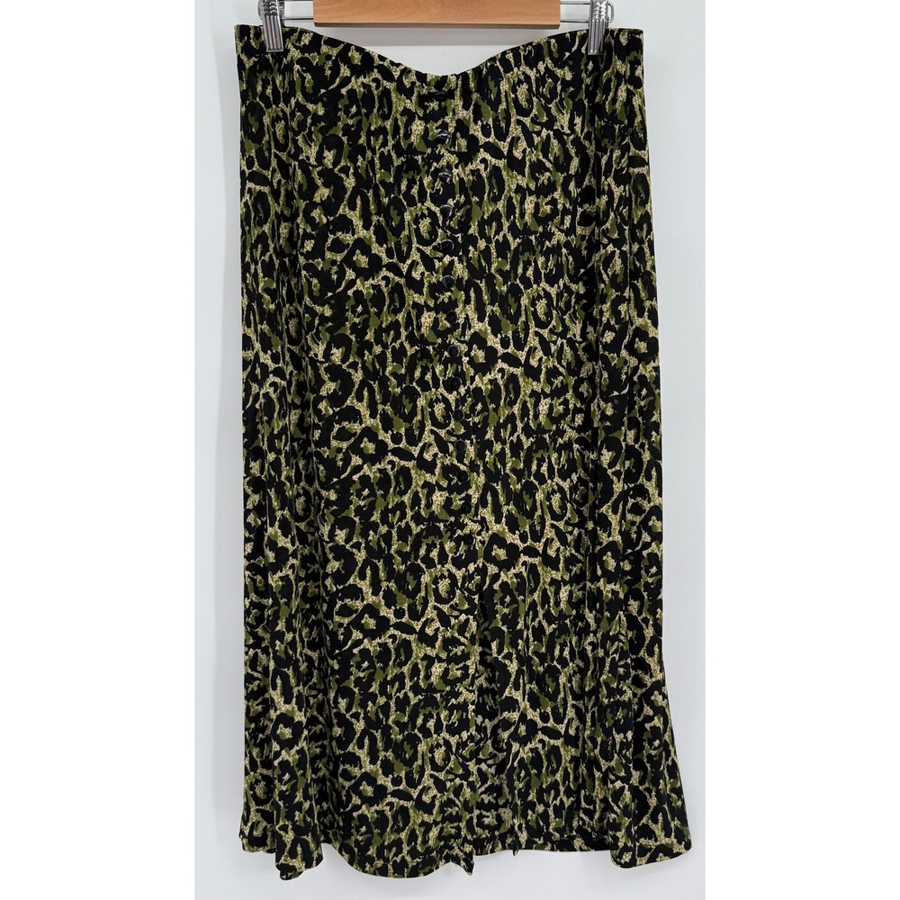 Notations Womens‎ Green Leopard Print Button Front Midi Skirt Stretch Sz XL
